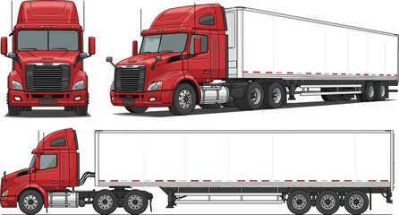 Red Semi Truck with White Cargo Trailer Mockup Set Featuring Front Side and Perspective Angles Isolated on White Background for Logistics and Freight Branding Design © its