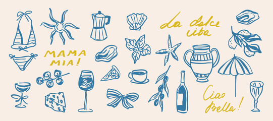 Naklejka premium Hand drawn retro italian summer illustrations