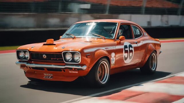 Classic orange racing car speeds down the track during an event at a motorsport facility in the afternoon