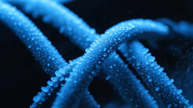A macro close-up reveals the abstract texture and blue pattern of a tropical starfish against a dark marine background in the deep ocean water