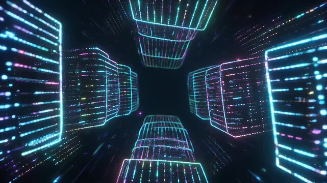Neon city tunnels of light rush forward with vibrant colors, energetic and futuristic, ideal for technology promos, cyber themes, gaming visuals, and fast-paced digital branding.