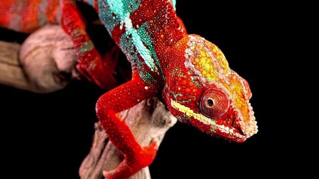 Vibrant chameleon with striking red and turquoise colors perched on a branch against a black background