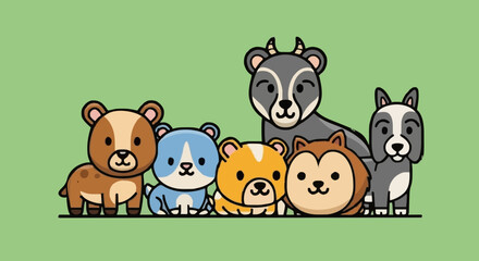 Fototapeta premium A cartoon illustration of various animals standing together in a friendly manner viewed from the front