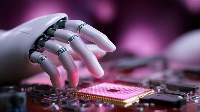Exploring the Intersection of Robotics and Technology: A Futuristic Robotic Hand Engaging in Precision Work on a Microchip, Showcasing the Intricacies of Modern Electronics and AI Development.