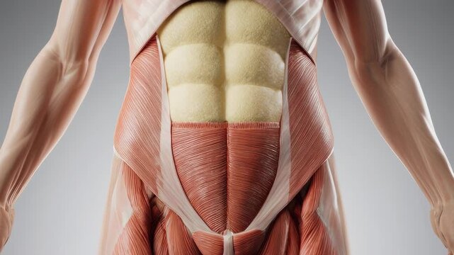 Anatomical view of human torso muscles with defined abs