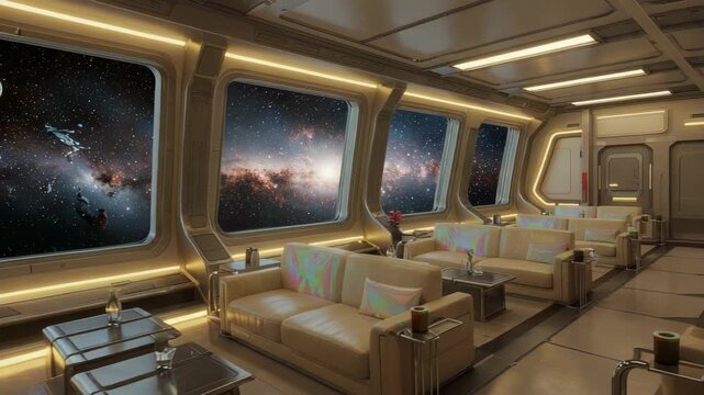 Futuristic Interior with Tan Sofas and Galaxy View Through Large Windows Illuminated by Gentle Lighting Creating a Relaxing Sci Fi Space Lounge