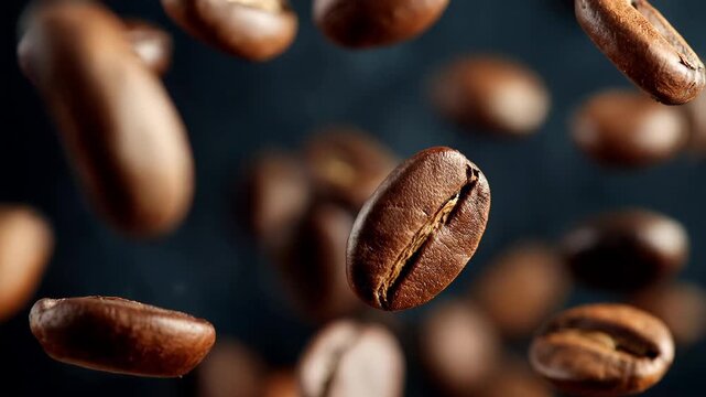 Fresh coffee beans float in the air as light shines on them in a dark space