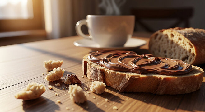 breakfast table scene with warm wooden textures, bread slices generously spread with glossy chocolate hazelnut cream, steaming coffee cup, realistic crumbs and imperfections, world nutella day