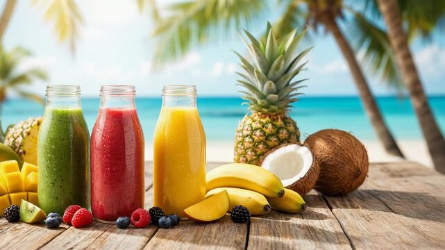 Tropical fresh fruit smoothies with pineapple coconut banana berries on beach background