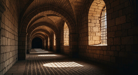 Obraz premium A dimly lit corridor with arched ceilings and brick walls.