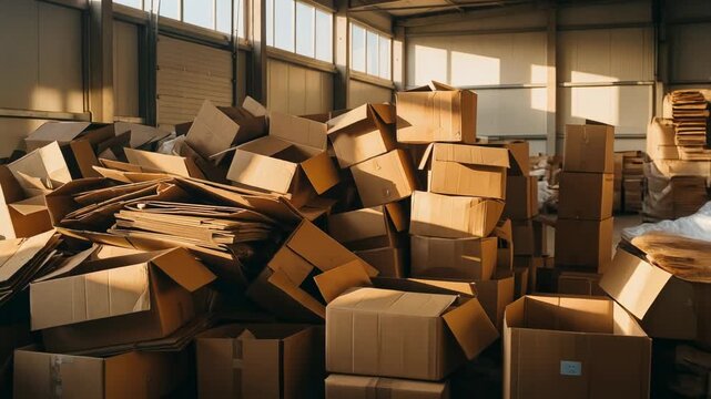 Stack of empty cardboard boxes in a bright industrial warehouse for packaging and shipping