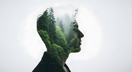 Double Exposure of a Lush Forest Within a Person&rsquo;s Silhouette, Concept of Nature Connection and Human Landscape Artistic Portrait