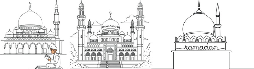 Fototapeta premium Detailed line drawing showcases three prominent mosque structures with minarets