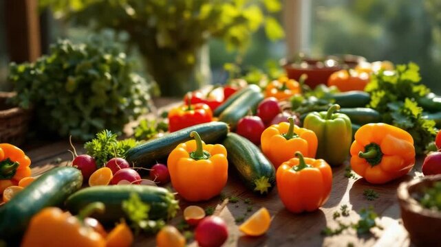 Colorful fresh vegetables on rustic wooden table in sunlit kitchen