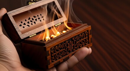 Ornate Wooden Censer Burning With Smoke and Flames