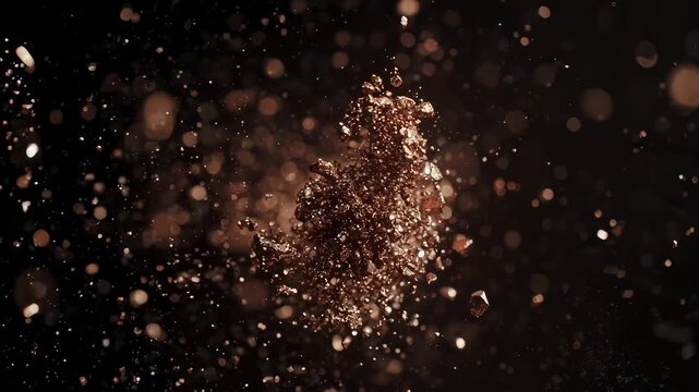Sparkling golden particles explode and scatter against a dark background