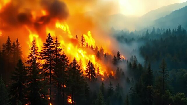 Intense forest fire with smoke in evergreen trees and mountain landscape
