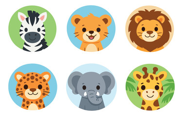 Fototapeta premium Cute cartoon safari animal faces set featuring a zebra, lion, lion cub, leopard, elephant, and giraffe for children's designs