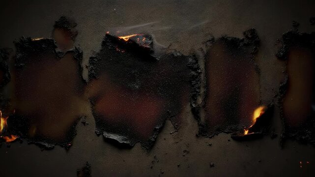 Patterned surface with patches of material burned away, revealing glowing embers