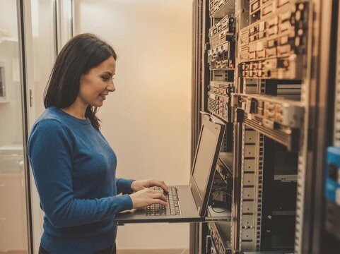 A woman working with server racks in a technical room, representing IT operations, network management, and data center administration.