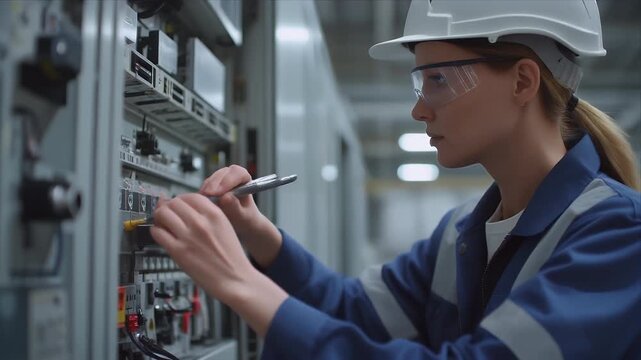 Professional engineer adjusting control panels in a modern facility, conveying focus, precision, and trust in industrial technology for corporate, training, and innovation content.
