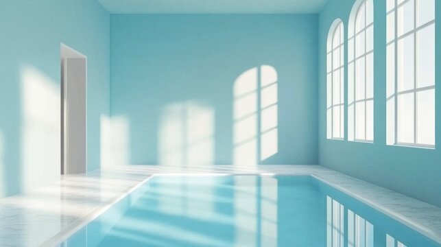 Light-filled, pale blue interior with a swimming pool.
