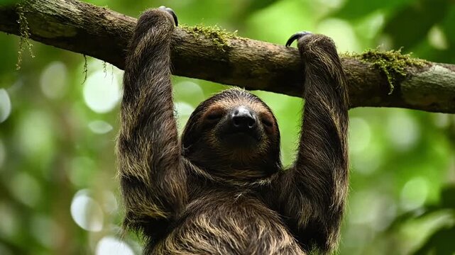 Slow loris hanging from tree branch while resting calmly in a lush green forest
