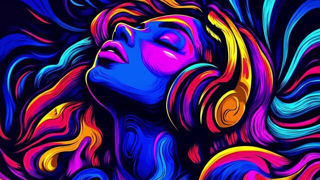 Vibrant psychedelic art of woman in headphones with colorful swirls and dynamic patterns