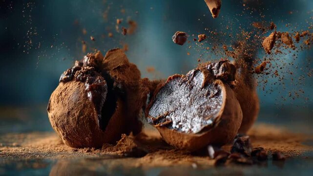 Chocolate truffles are shown on a table with cocoa dust and chocolate chunks scattered around, illustrating the process of making these treats in a kitchen setting
