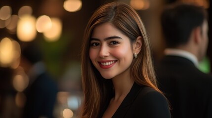 Obraz premium A young woman smiles radiantly at the camera in a portrait