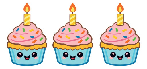 Cute cupcake set featuring smiling faces and birthday candles for celebrations