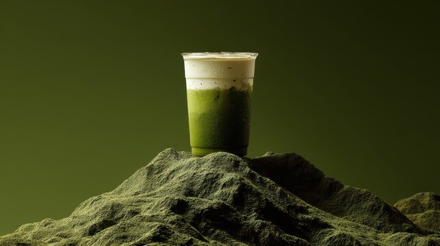 Elegant photo of A refreshing iced matcha latte with a creamy foam layer sits atop a mound of matcha powder, against a solid green background. .