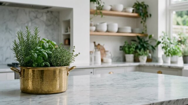 Fresh green herbs in a decorative pot on a modern marble kitchen countertop with natural light