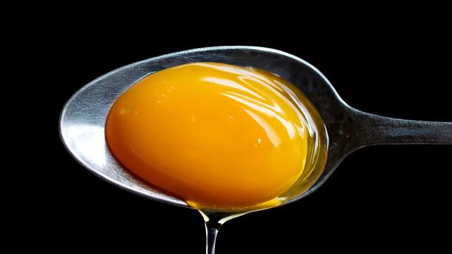 Bright yellow egg yolk resting on a metal spoon against a dark background showing details of color and texture in the kitchen setting