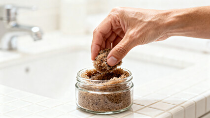 Hand Reaching for Natural Scrub in Glass Jar on Bathroom Counter with Clean Sink