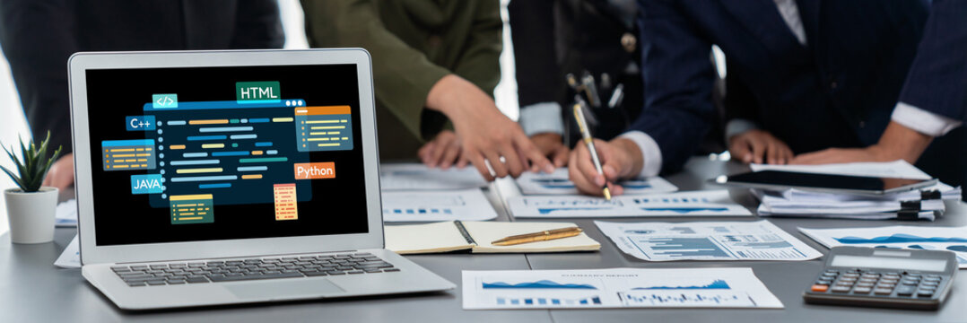 Software development or programming work with coding screen of various programming languages like HTML, , , and C brisk for new application development