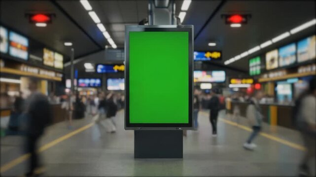 Large vertical green screen advertising billboard display in a bustling modern subway station or transit hub, ideal for marketing mockups and public information campaigns