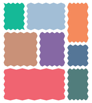 Set of colorful scalloped frames. Geometric shaped stickers with zigzag wavy edges. Rectangle shaped frames with wavy edges. Vector of frames with zigzag edges.