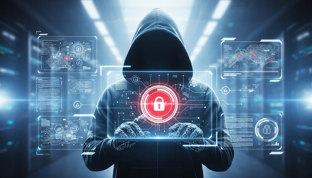 Anonymous hacker in dark hoodie with glowing red padlock security icon centered on digital interface surrounded by abstract data elements