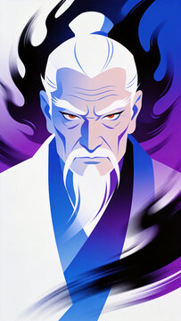 Illustration of an elderly man with white hair and beard glaring against a purple-blue background