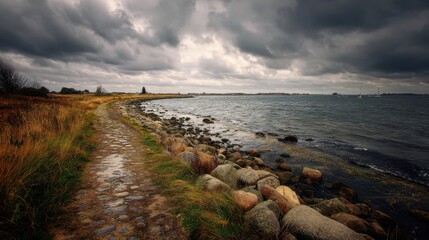 Elegant photo of Cobblestone path along a rocky coastline under a dramatic cloudy sky .
