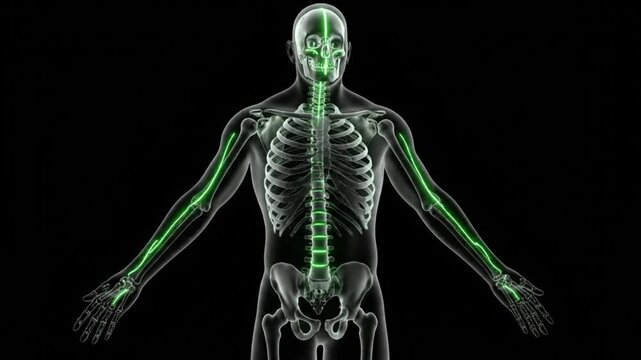 3D rendering of a human skeletal system with glowing green spine and arm bones on a black background.