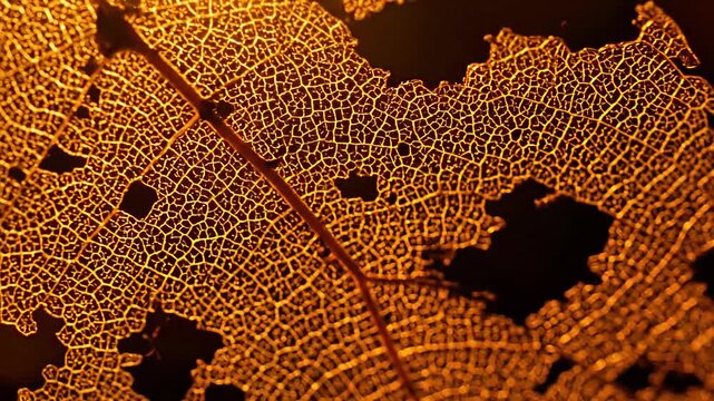 Dried skeleton leaf veins glowing in warm golden backlight