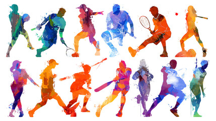 Obraz premium Vibrant illustration of multiple tennis players in various poses isolated on transparent background with colorful watercolor effect
