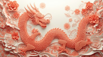 Obraz premium Intricate dragon and floral design in vibrant shades of pink and orange