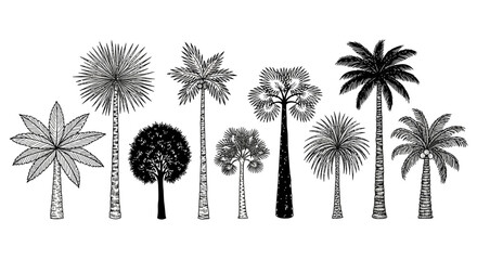 Various palm trees and plants are illustrated in a row on a white background in jhgfds ai file © Hussnain