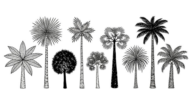 Various palm trees and plants are illustrated in a row on a white background in jhgfds ai file