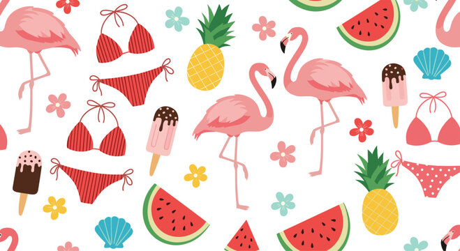 Fun summer pattern featuring pink flamingos red bikinis watermelon slices pineapples and ice cream on white background.
