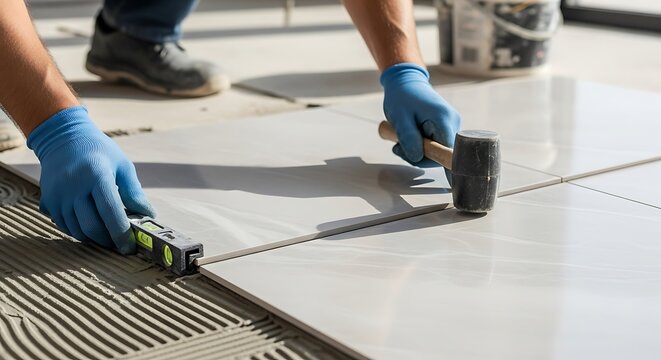 Close-up of a Worker Laying Tiles with Precision and Leveling Instrument