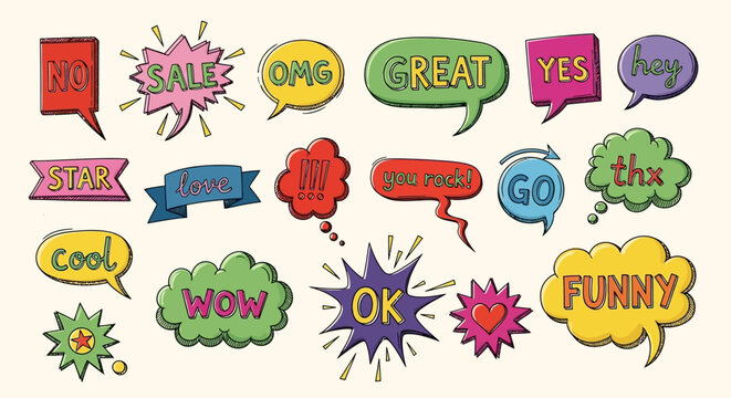 Vibrant colorful speech bubbles and stickers display various fun phrases jhgfds